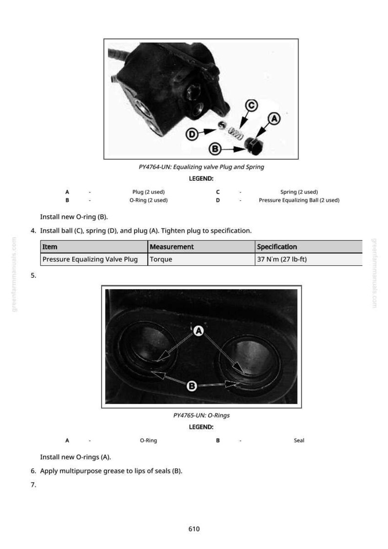 May include: Diagram of an equalizing valve plug and spring assembly, with labels for components like plugs, O-rings, and a spring. Includes a table specifying torque at 27 lb-ft. Also shows O-rings and seals.