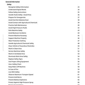 May include: A white page with a black table of contents for a manual. The title is "Table of Contents". The list includes safety topics such as "Avoid Harmful Asbestos Dust" and "Use a Safety Chain".