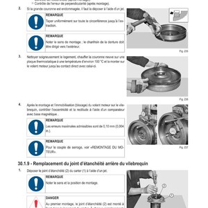 Może przedstawiać: Schemat techniczny z instrukcjami dotyczącymi konserwacji silnika. Zawiera schematy element&oacute;w silnika, z tekstem w języku francuskim. Instrukcje dotyczące kontroli koła zamachowego i wymiany uszczelek.