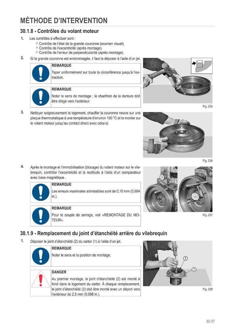 Może przedstawiać: Schemat techniczny z instrukcjami dotyczącymi konserwacji silnika. Zawiera schematy element&oacute;w silnika, z tekstem w języku francuskim. Instrukcje dotyczące kontroli koła zamachowego i wymiany uszczelek.