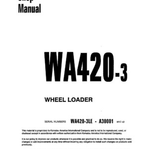 Pu&ograve; includere: Una copertina di manuale bianca con il testo "Shop Manual" in alto. Il testo grande "WA420-3" &egrave; centrato, con "WHEEL LOADER" sotto. Ulteriori testi includono numeri di serie e informazioni sul copyright. Il documento &egrave; datato novembre 1996.