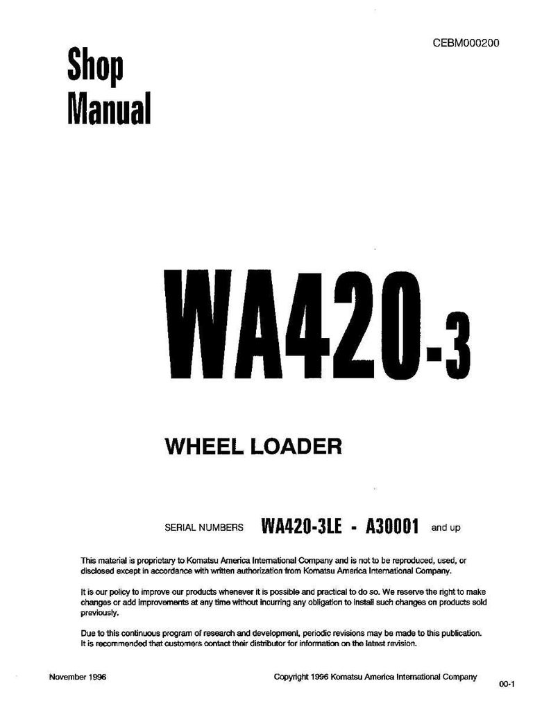 Pu&ograve; includere: Una copertina di manuale bianca con il testo "Shop Manual" in alto. Il testo grande "WA420-3" &egrave; centrato, con "WHEEL LOADER" sotto. Ulteriori testi includono numeri di serie e informazioni sul copyright. Il documento &egrave; datato novembre 1996.