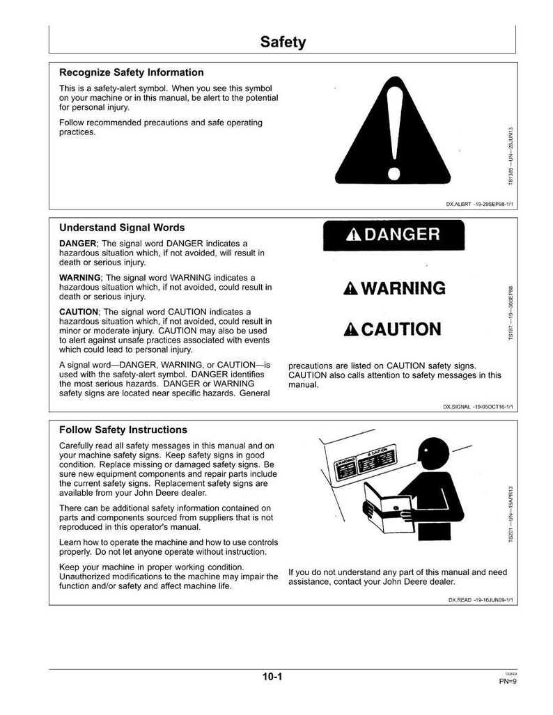 May include: A manual page titled "Safety" with safety alert symbols and signal words such as "Danger," "Warning," and "Caution." Includes a diagram of a person reading a manual. The page provides safety instructions.