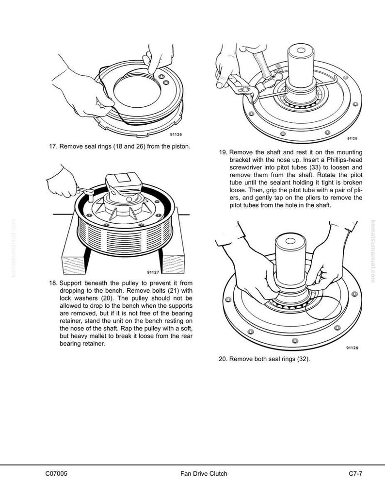 May include: An illustrated guide for a fan drive clutch repair. The image shows step-by-step instructions with diagrams and text, including removing seal rings, bolts, and pitot tubes. The text includes the title "Fan Drive Clutch" and the code "C7-7".