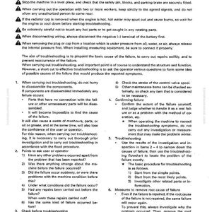 Peut inclure: Page d'un manuel de d&eacute;pannage intitul&eacute; &laquo; Points &agrave; retenir lors du d&eacute;pannage &raquo;. Il comprend des consignes de s&eacute;curit&eacute;, des instructions d'utilisation et une liste de contr&ocirc;le pour diagnostiquer les pannes de machines. Le texte est noir sur fond blanc.