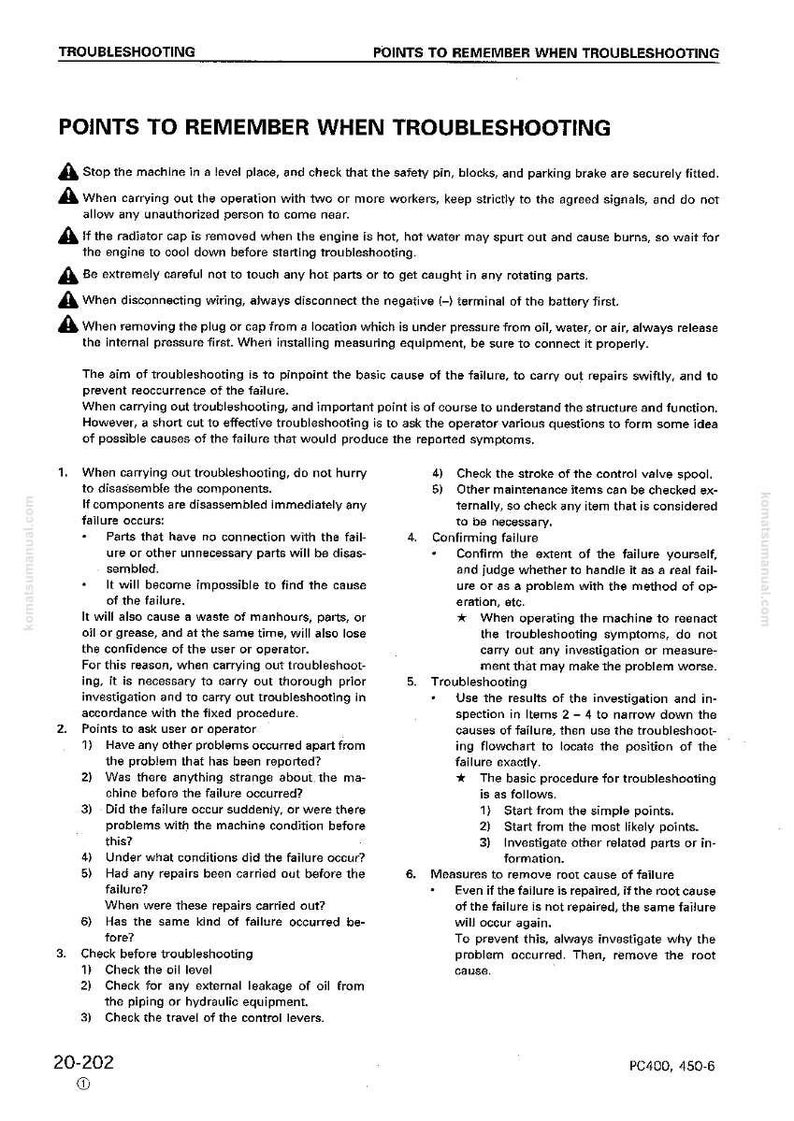 Peut inclure: Page d'un manuel de d&eacute;pannage intitul&eacute; &laquo; Points &agrave; retenir lors du d&eacute;pannage &raquo;. Il comprend des consignes de s&eacute;curit&eacute;, des instructions d'utilisation et une liste de contr&ocirc;le pour diagnostiquer les pannes de machines. Le texte est noir sur fond blanc.