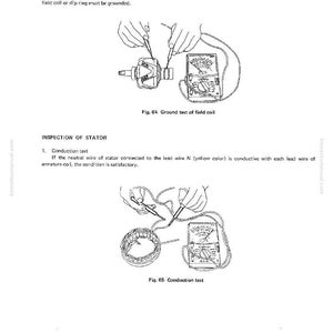 May include: Diagram of a generating system inspection. The image shows two tests: a ground test of the field coil and a conduction test. The tests involve using a multimeter to check electrical components. Text includes "Fig. 64 Ground test of field coil" and "Fig. 65 Conduction test."