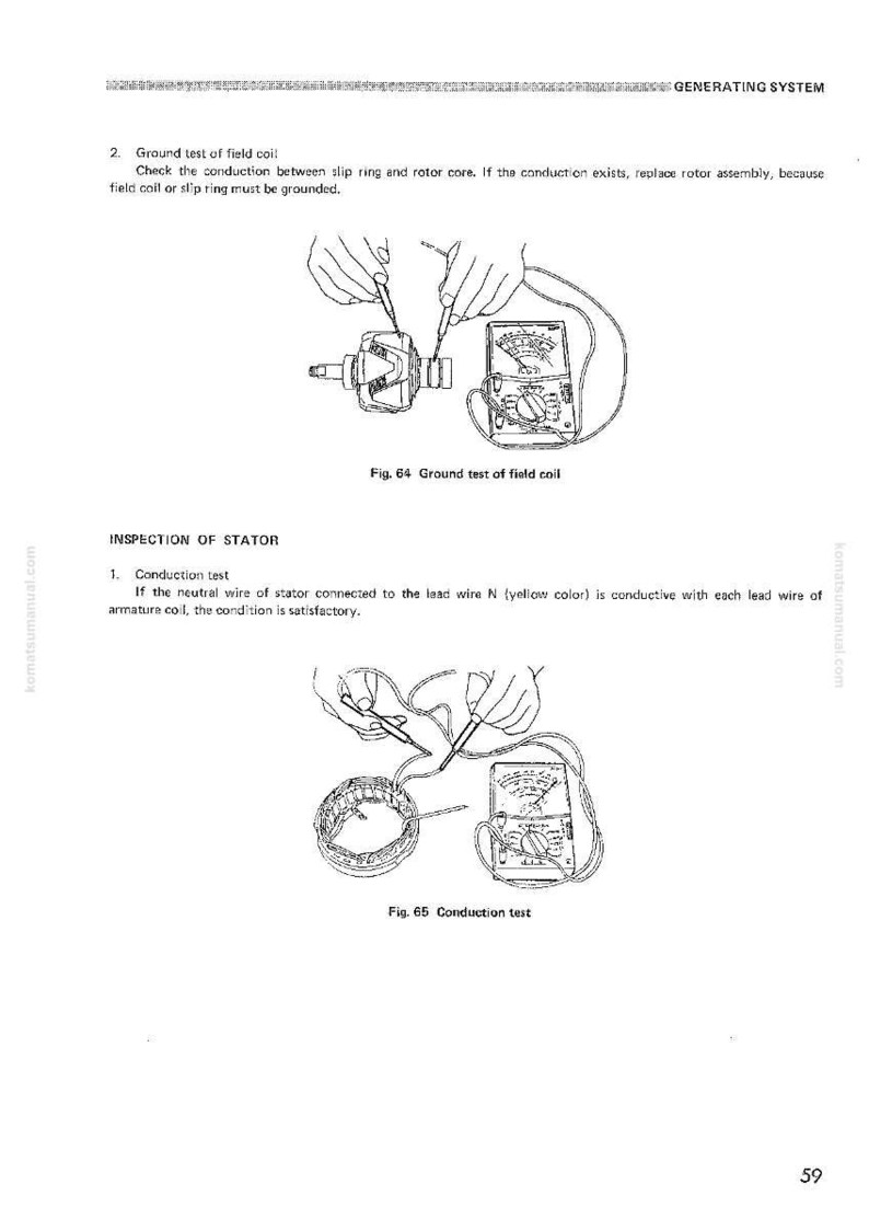 May include: Diagram of a generating system inspection. The image shows two tests: a ground test of the field coil and a conduction test. The tests involve using a multimeter to check electrical components. Text includes "Fig. 64 Ground test of field coil" and "Fig. 65 Conduction test."