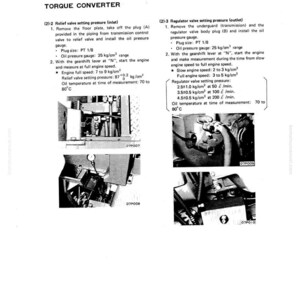 May include: Technical diagram detailing torque converter measurement procedures. It features diagrams, plug sizes (PT 1/8), and pressure gauge specifications (25 kg/cm&sup2; range). Includes engine speed and oil temperature details.