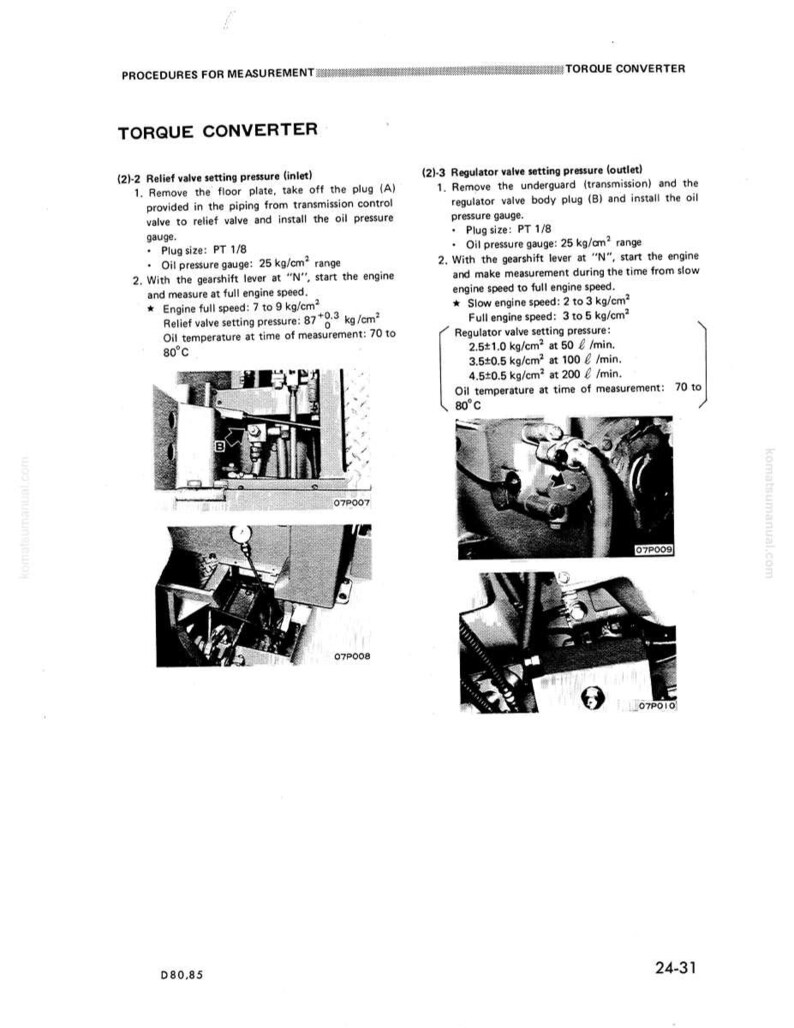 May include: Technical diagram detailing torque converter measurement procedures. It features diagrams, plug sizes (PT 1/8), and pressure gauge specifications (25 kg/cm&sup2; range). Includes engine speed and oil temperature details.