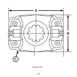 May include: Line drawing of a mechanical component, a yoke, with dimensions labeled A and B. The yoke has a central toothed section and is surrounded by a rectangular frame with circular bolt holes. The text "N129003-UN: Yoke" is below the component.