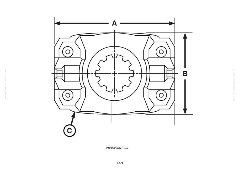 May include: Line drawing of a mechanical component, a yoke, with dimensions labeled A and B. The yoke has a central toothed section and is surrounded by a rectangular frame with circular bolt holes. The text "N129003-UN: Yoke" is below the component.