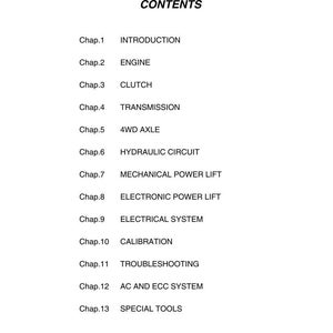 May include: A white page with the title "CONTENTS" and a list of chapter titles and descriptions. The chapters cover topics such as "ENGINE", "CLUTCH", "TRANSMISSION", and "ELECTRICAL SYSTEM". The page has a logo in the upper right corner.