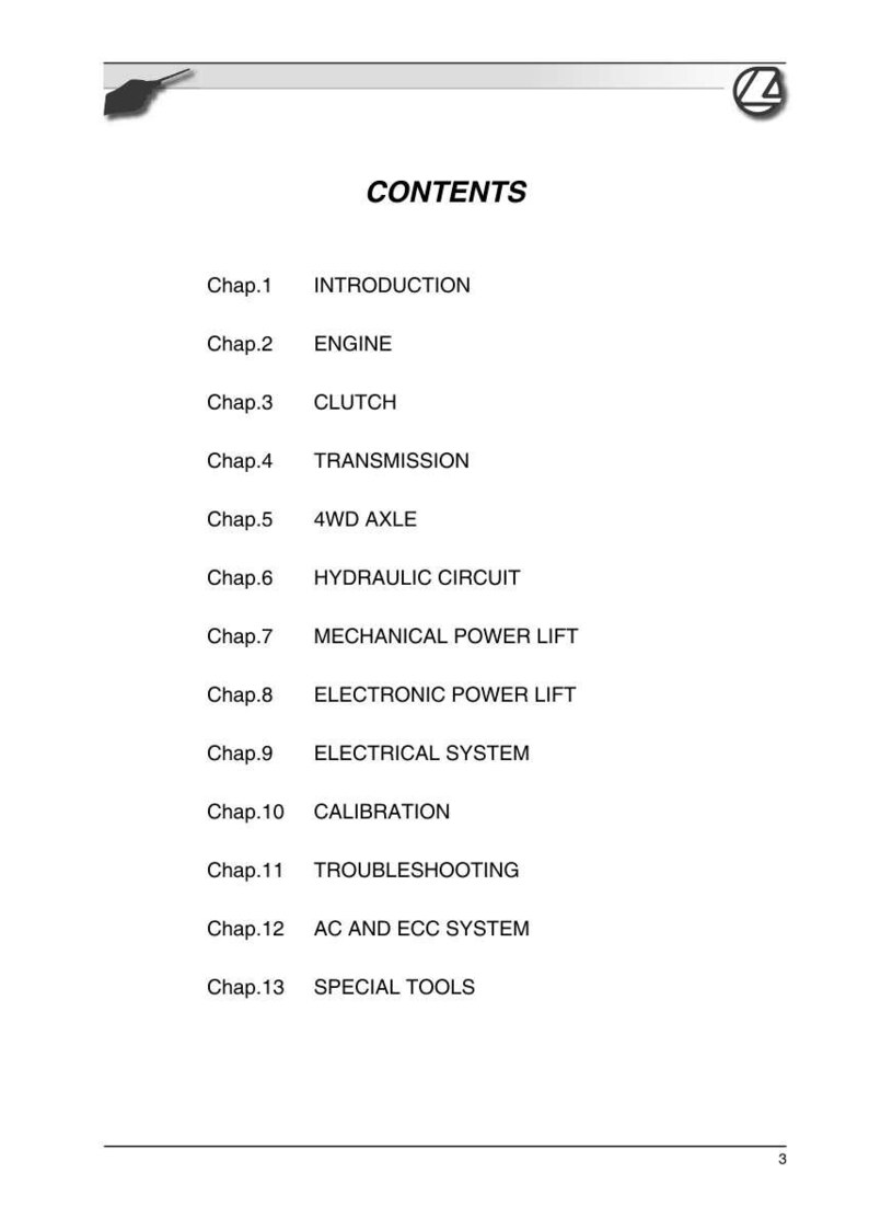 May include: A white page with the title "CONTENTS" and a list of chapter titles and descriptions. The chapters cover topics such as "ENGINE", "CLUTCH", "TRANSMISSION", and "ELECTRICAL SYSTEM". The page has a logo in the upper right corner.