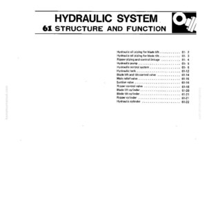 May include: A white page with the title "HYDRAULIC SYSTEM" and the subtitle "61 STRUCTURE AND FUNCTION". The page contains a list of hydraulic system components, including piping, pumps, valves, and cylinders. The document is labeled D68E-1.