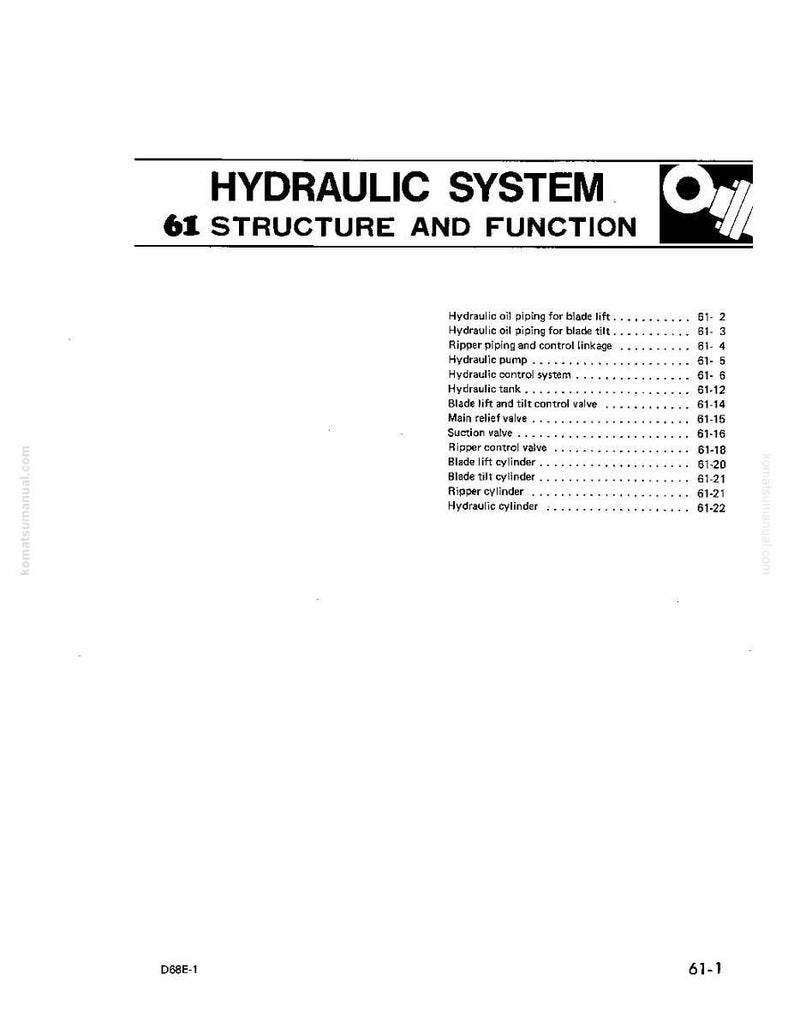 May include: A white page with the title "HYDRAULIC SYSTEM" and the subtitle "61 STRUCTURE AND FUNCTION". The page contains a list of hydraulic system components, including piping, pumps, valves, and cylinders. The document is labeled D68E-1.