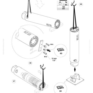 K&ouml;nnte beinhalten: Technische Zeichnung einer Komatsu-Hydraulikzylinderbaugruppe. Das Diagramm enth&auml;lt mehrere Ansichten des Zylinders, zusammen mit Messungen in mm und kg. Das Diagramm enth&auml;lt auch ein Warnsymbol und eine Teileliste.