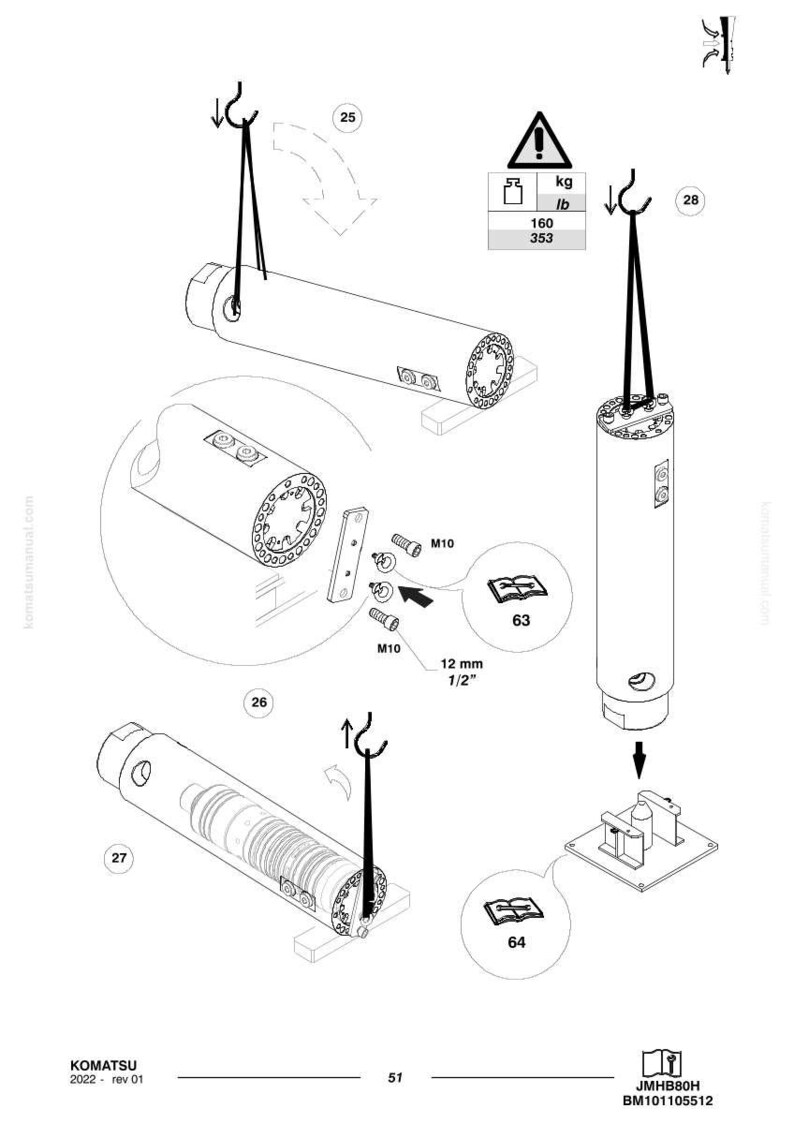 K&ouml;nnte beinhalten: Technische Zeichnung einer Komatsu-Hydraulikzylinderbaugruppe. Das Diagramm enth&auml;lt mehrere Ansichten des Zylinders, zusammen mit Messungen in mm und kg. Das Diagramm enth&auml;lt auch ein Warnsymbol und eine Teileliste.