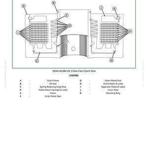 May include: Diagram showing a cross-sectional view of a 9-disk cast clutch pack, with labels and arrows. The diagram includes a legend detailing parts such as clutch drum, oil seal, and piston return springs. The text "Cross Sectional View" is at the top.