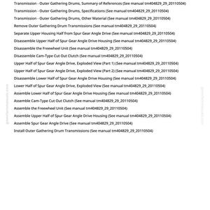 May include: A white page with the title "Transmission - Outer Gathering Drums, Summary of References" and a list of related items. The text includes terms like "Specifications", "Other Material", and "Exploded View".