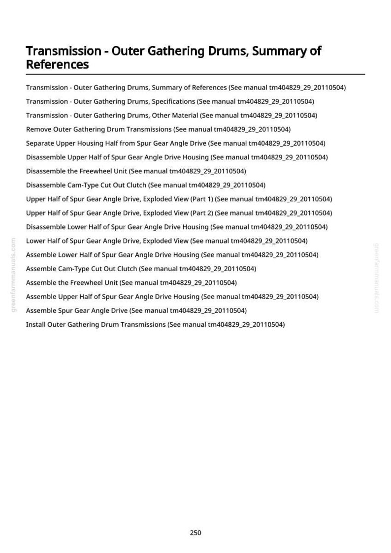 May include: A white page with the title "Transmission - Outer Gathering Drums, Summary of References" and a list of related items. The text includes terms like "Specifications", "Other Material", and "Exploded View".