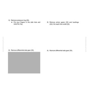 K&ouml;nnte beinhalten: Eine Seite aus einem Handbuch mit Anweisungen zur Demontage und Montage. Der Text enth&auml;lt Schritte zum Entfernen von Platten, Scheiben, einem Sprengring und Zahnr&auml;dern. Die Seite hat ein graues Feld und den Text "SEN00689-02".