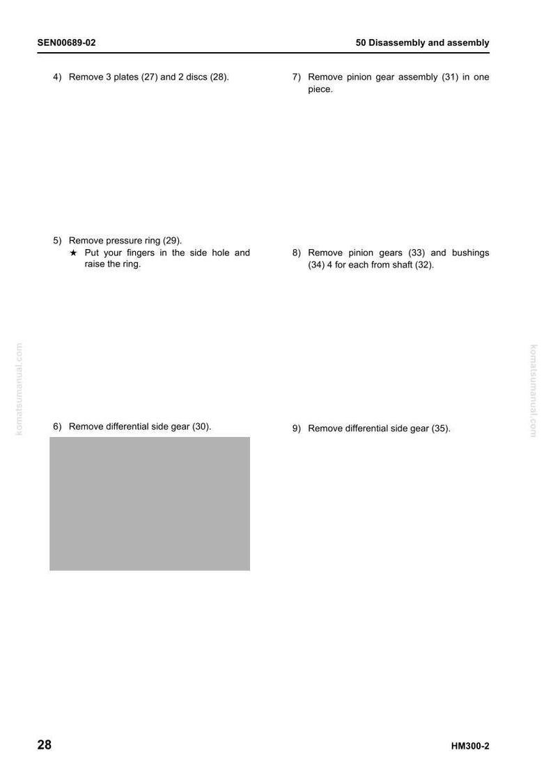 K&ouml;nnte beinhalten: Eine Seite aus einem Handbuch mit Anweisungen zur Demontage und Montage. Der Text enth&auml;lt Schritte zum Entfernen von Platten, Scheiben, einem Sprengring und Zahnr&auml;dern. Die Seite hat ein graues Feld und den Text "SEN00689-02".