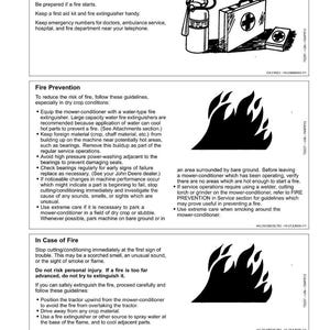 Puede incluir: P&aacute;gina de un manual de seguridad con ilustraciones y texto. Incluye un botiqu&iacute;n de primeros auxilios, un extintor y un diagrama de llamas. El texto proporciona instrucciones para emergencias, prevenci&oacute;n de incendios y acciones en caso de incendio.