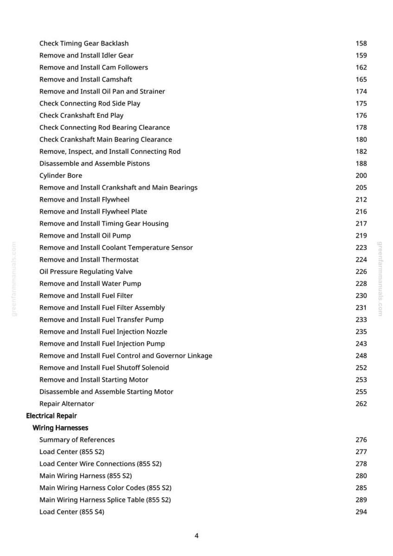 May include: A page from a manual with a list of automotive repair procedures, including engine and electrical system tasks. The text is in black font on a white background, with page numbers on the right.