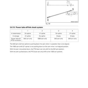May include: Diagram of a power take-off lever and link check system. The image includes a schematic drawing and a table detailing transmission and storage configurations with RPM specifications. Text includes "Drive Train System" and "Power take-off lever".