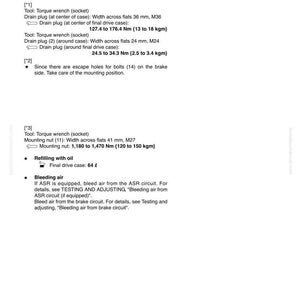 May include: A manual page detailing disassembly and assembly procedures. It includes instructions for installation, torque wrench specifications, and bleeding air. Measurements are provided in Nm and kgm.