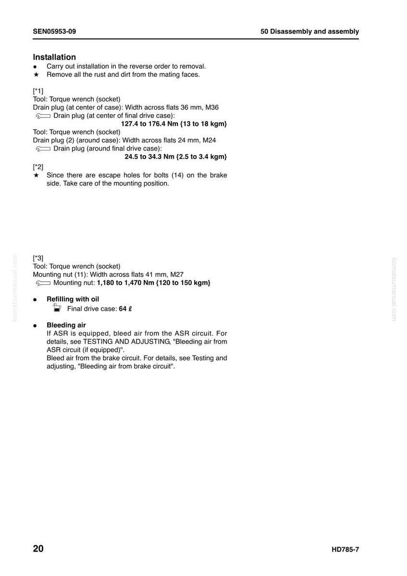 May include: A manual page detailing disassembly and assembly procedures. It includes instructions for installation, torque wrench specifications, and bleeding air. Measurements are provided in Nm and kgm.