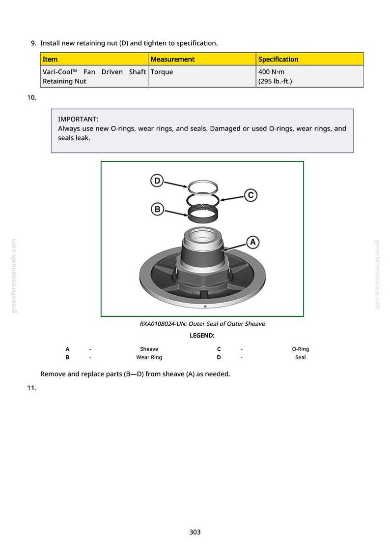 Pu&ograve; includere: Diagramma di componenti meccanici, tra cui una puleggia, un anello di usura e o-ring. L'immagine include una tabella con specifiche di coppia e un avvertimento sulla sostituzione di parti usurate.