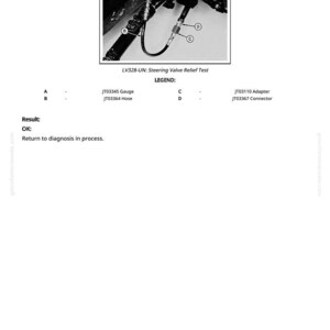 Peut inclure: Image en noir et blanc d'un test de soupape de d&eacute;charge de direction. L'image comprend une jauge, un tuyau, un adaptateur et un connecteur. Le texte sur l'image indique "LV328-UN: Steering Valve Relief Test" et "R&eacute;sultat: OK: Retour au diagnostic en cours."