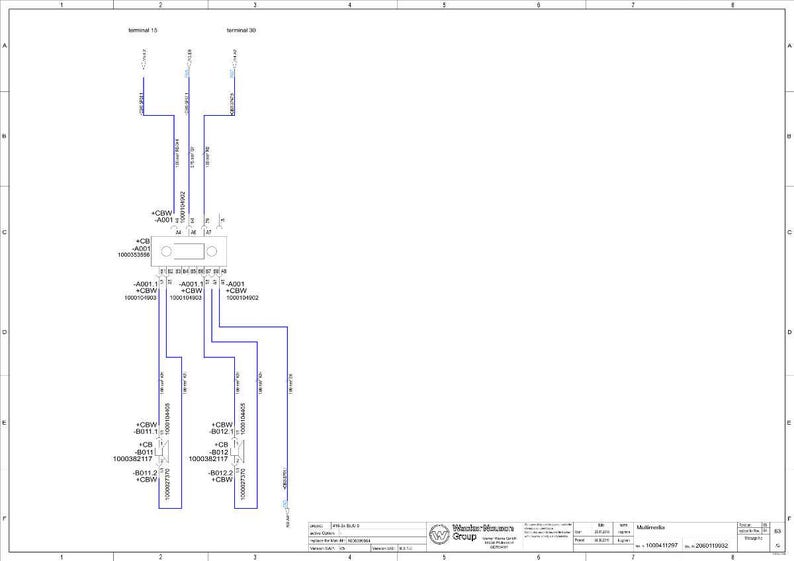 Puede incluir: Un diagrama t&eacute;cnico con l&iacute;neas azules y texto, etiquetado como "terminal 15" y "terminal 30". El diagrama incluye varios s&iacute;mbolos y anotaciones de texto, probablemente representando un circuito o sistema el&eacute;ctrico. La esquina inferior derecha presenta un logotipo de la empresa.