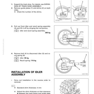 May include: Diagram of the disassembly and assembly of an idler. The image includes step-by-step instructions with illustrations, including the removal and installation of parts like guide plates, bolts, and recoil springs. Measurements are in kilograms.