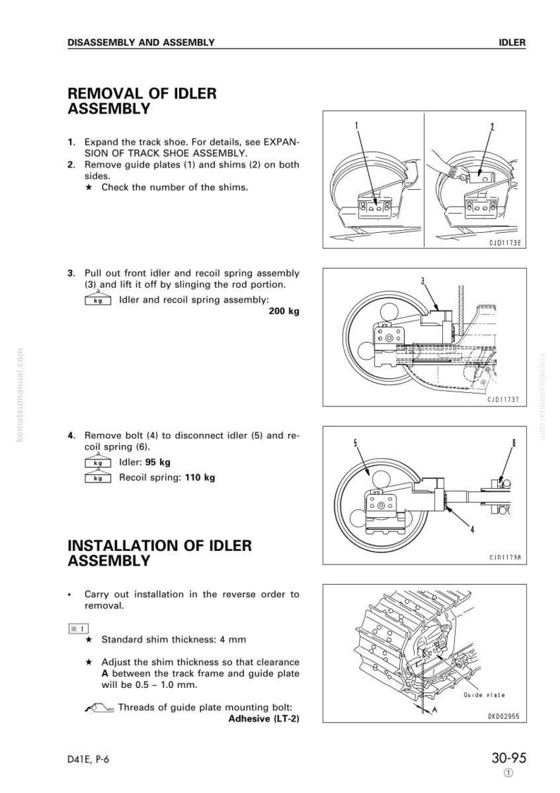 May include: Diagram of the disassembly and assembly of an idler. The image includes step-by-step instructions with illustrations, including the removal and installation of parts like guide plates, bolts, and recoil springs. Measurements are in kilograms.