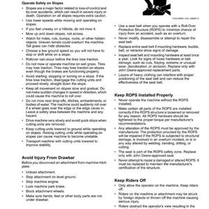 May include: A page from a safety manual titled "Safety". The text details safe machinery operation, covering slopes, seat belt use, and drawbar injury prevention. Includes warnings and safety advice for the operator.