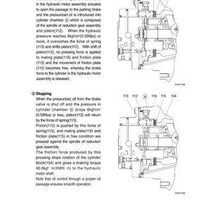 May include: Technical diagram illustrating a parking brake system, showing its operational phases. The image features labelled parts such as the piston, spring, and friction plate, with explanatory text detailing the system's function.