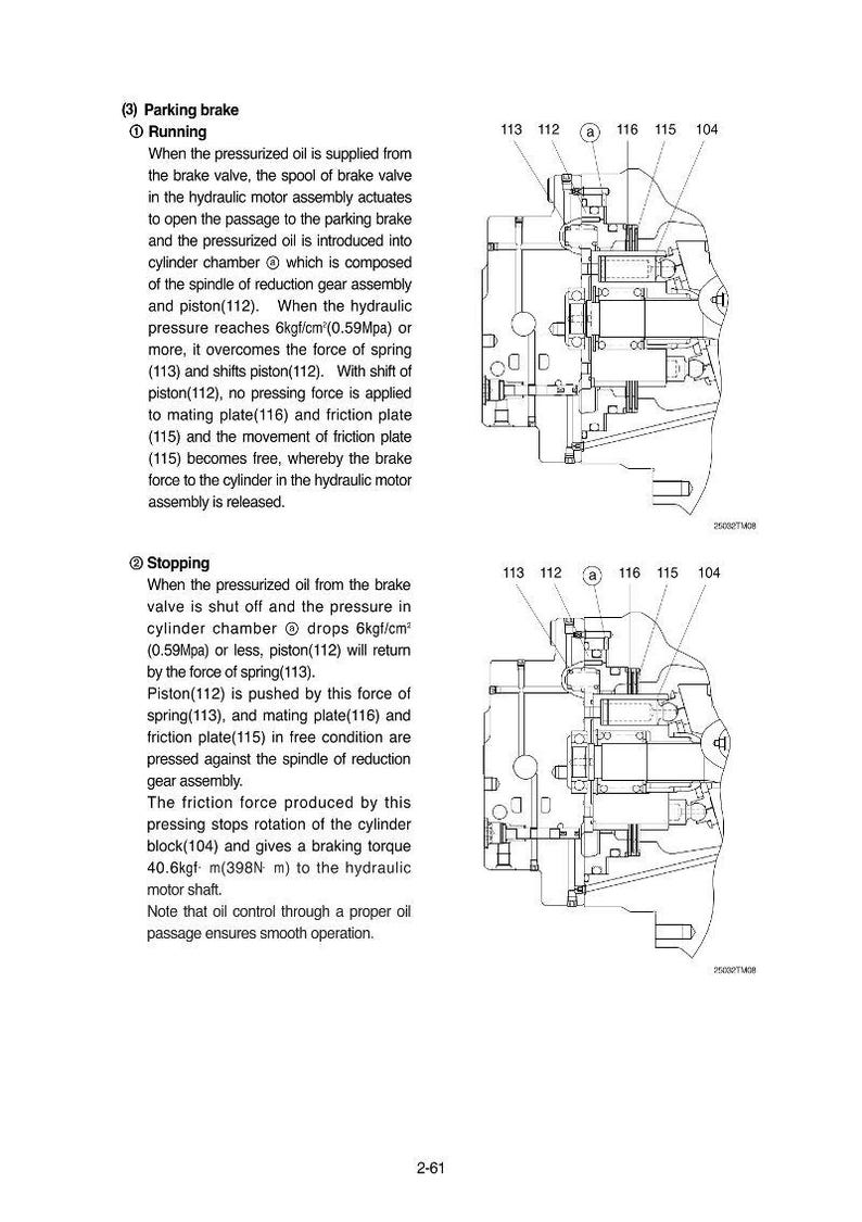 May include: Technical diagram illustrating a parking brake system, showing its operational phases. The image features labelled parts such as the piston, spring, and friction plate, with explanatory text detailing the system's function.