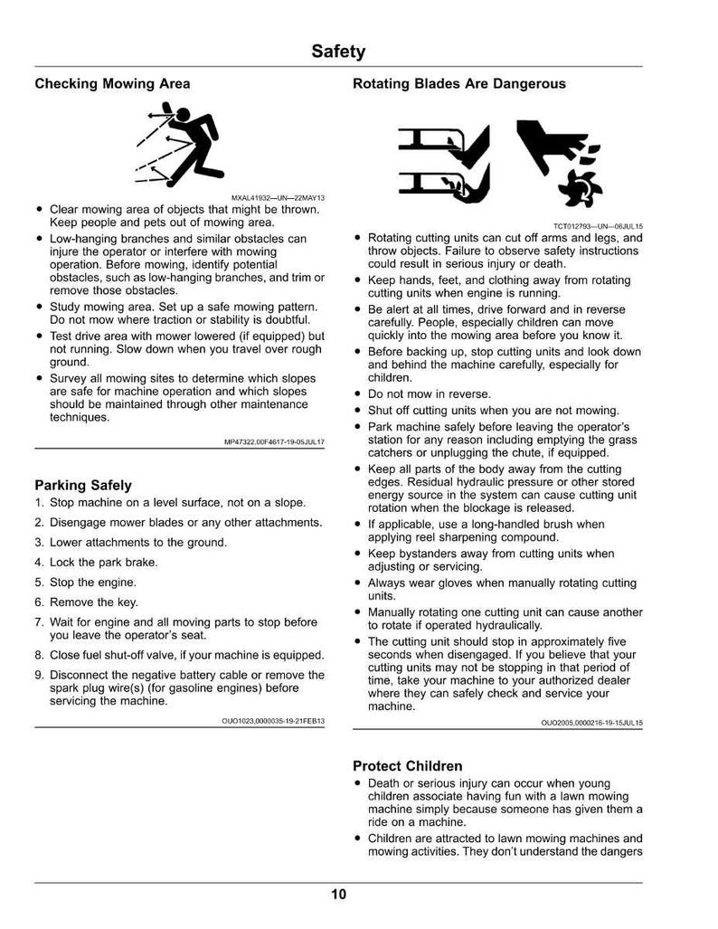 May include: Safety instructions for lawn mowers, including warnings about rotating blades and safe mowing practices. The image includes diagrams and text about checking the mowing area, parking safely, and protecting children.