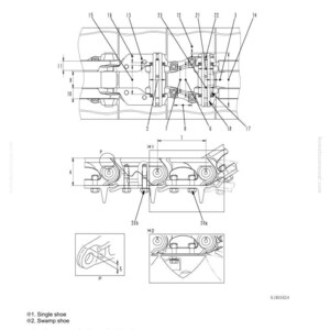 May include: Technical diagram of a track shoe, labeled "TRACK SHOE," with detailed illustrations and annotations. The diagram includes various components, dimensions, and cross-sections, with labels like "Single shoe" and "Swamp shoe."