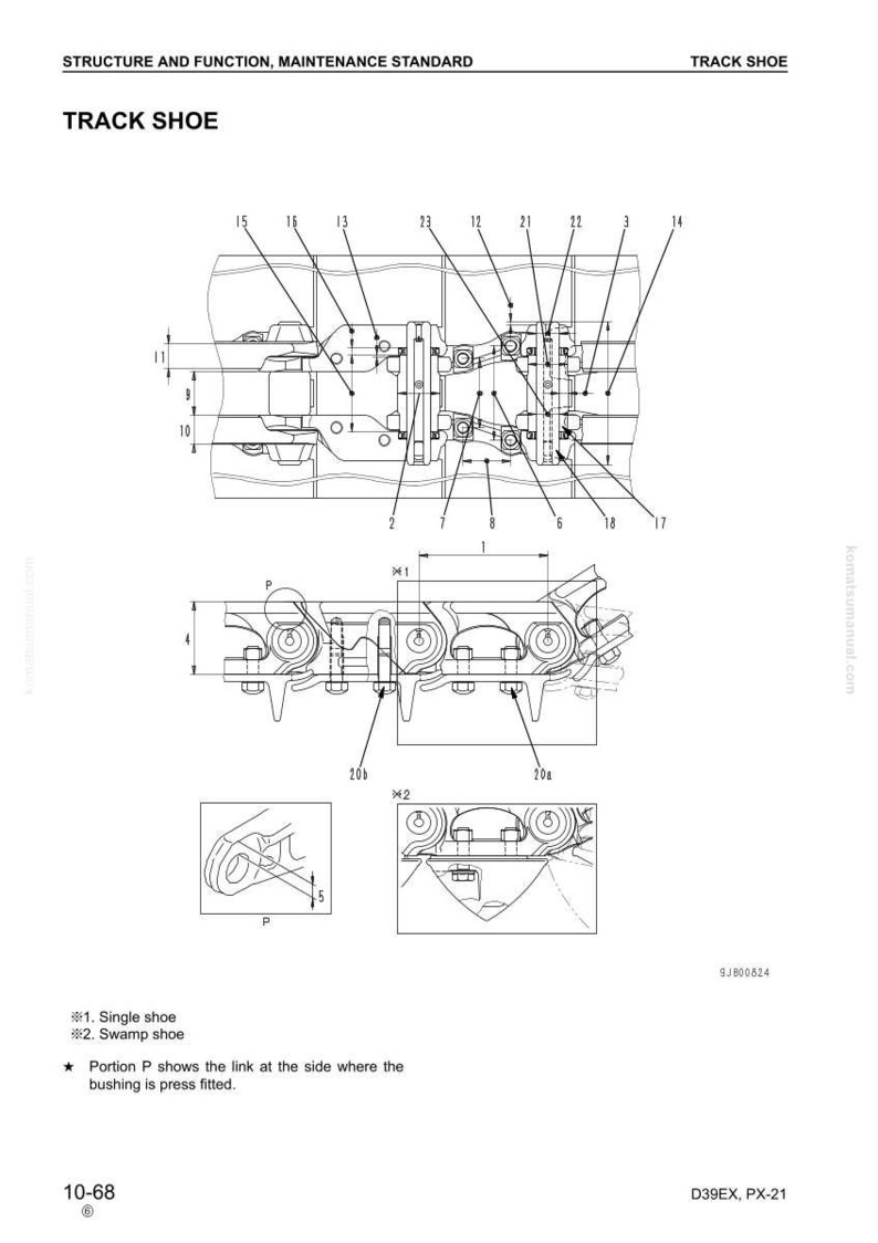 May include: Technical diagram of a track shoe, labeled "TRACK SHOE," with detailed illustrations and annotations. The diagram includes various components, dimensions, and cross-sections, with labels like "Single shoe" and "Swamp shoe."