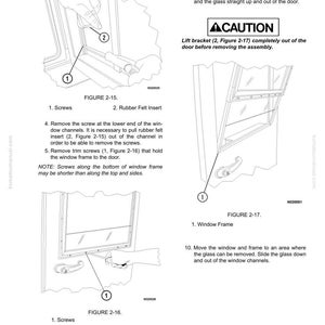 May include: Diagrams illustrating window frame removal, with labels for screws and rubber felt inserts. Includes figures 2-15, 2-16, and 2-17, with a caution notice. Text details steps for disassembly and removal of the window components.