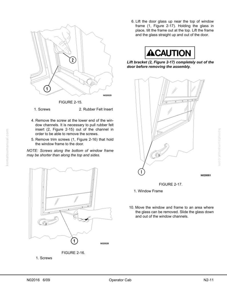 May include: Diagrams illustrating window frame removal, with labels for screws and rubber felt inserts. Includes figures 2-15, 2-16, and 2-17, with a caution notice. Text details steps for disassembly and removal of the window components.