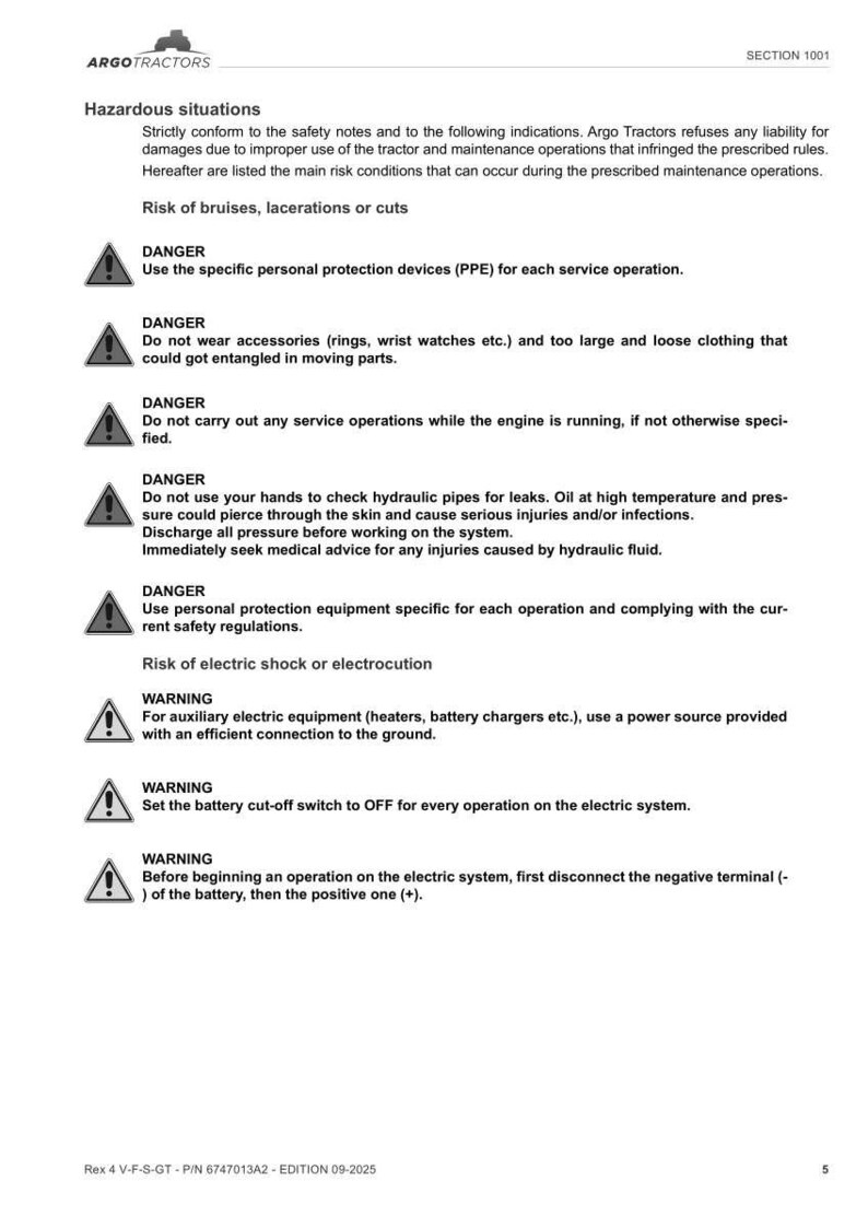 May include: A white document with safety warnings for Argo Tractors. The document lists potential hazards, including cuts, electric shock, and injuries from hydraulic fluid. It provides safety instructions and warnings.