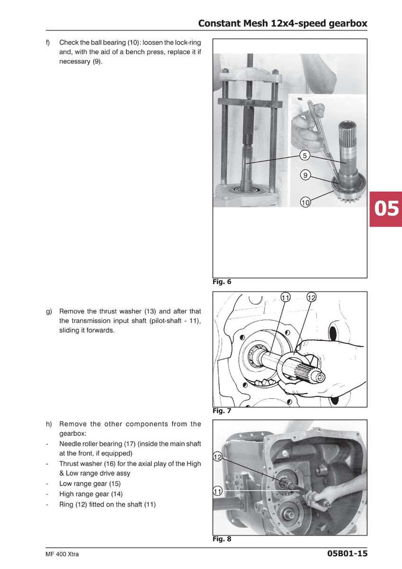 K&ouml;nnte beinhalten: Technische Diagramme des Constant Mesh 12x4-Gang-Getriebes, die Komponenten wie Kugellager, Druckscheibe und Eingangswelle zeigen. Enth&auml;lt Text und nummerierte Etiketten, mit einer roten "05" in der Ecke.
