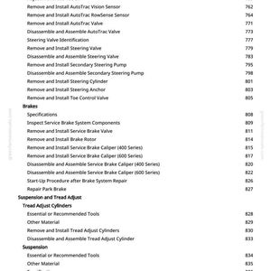 May include: A page from a manual with a list of automotive repair procedures, including steering, brakes, and suspension components. The text is black on a white background, with page numbers on the right.