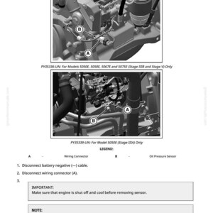 May include: Diagram showing how to replace an engine oil pressure sensor. The image details engine components with labels for the wiring connector and oil pressure sensor. Instructions are provided for disconnecting the battery and wiring connectors.