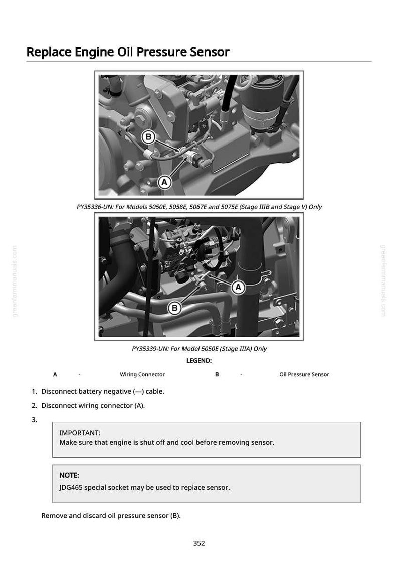 May include: Diagram showing how to replace an engine oil pressure sensor. The image details engine components with labels for the wiring connector and oil pressure sensor. Instructions are provided for disconnecting the battery and wiring connectors.